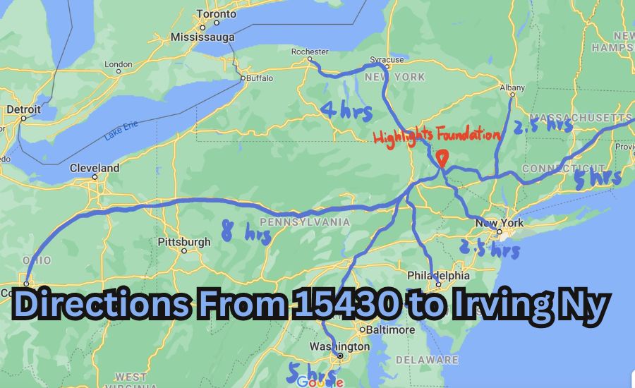 directions from 15430 to irving ny